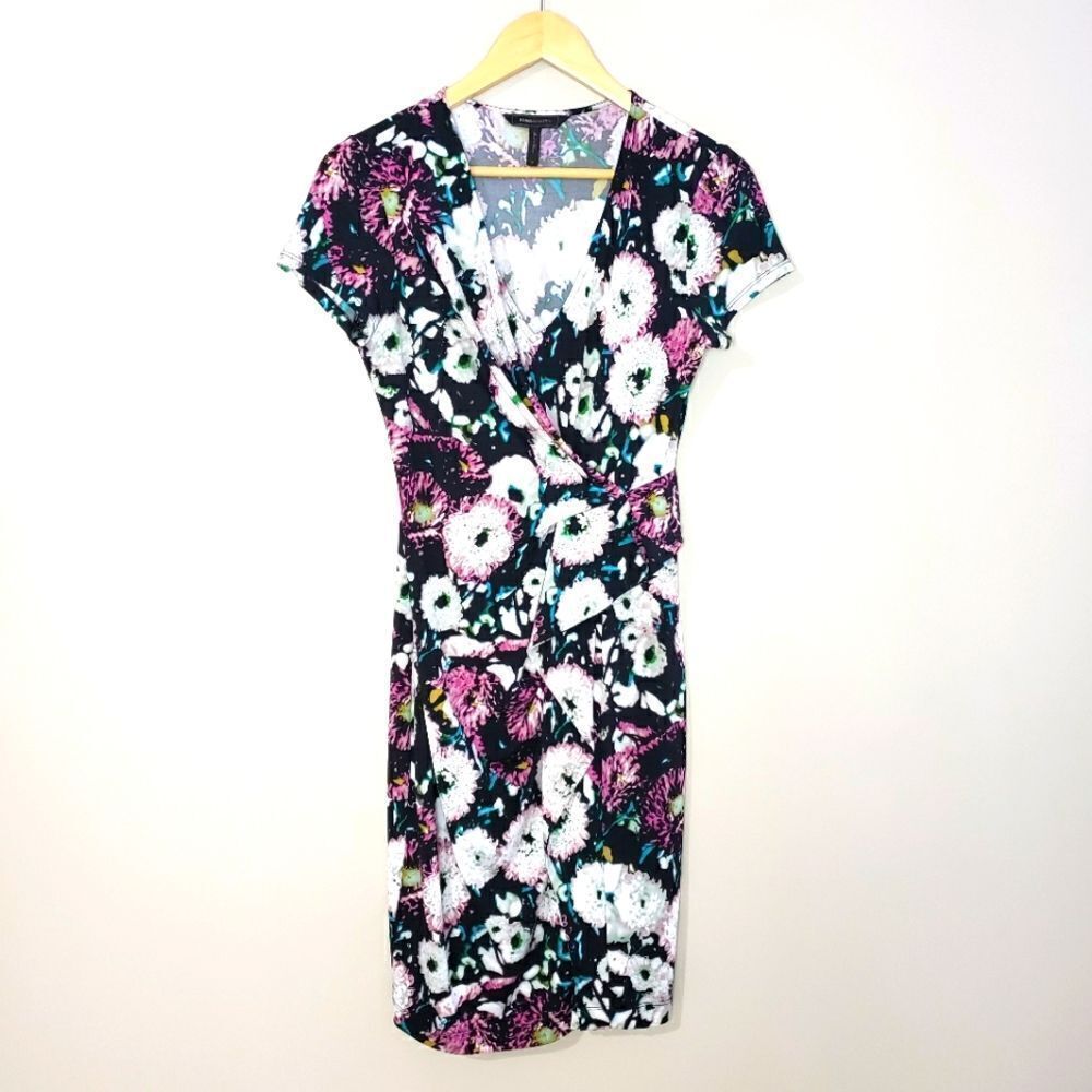 BCBG MaxAzria Small Short Sleeve Pink Floral Print Faux Wrap V-neck Dress